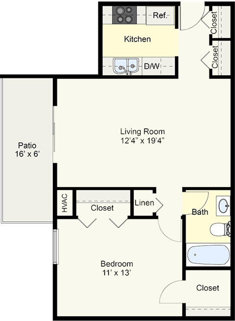 Floor plan for 1 bed, 1 bath, 681 sqft
